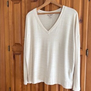 Banana Republic Cream Long Sleeve V-Neck Top, side slits.